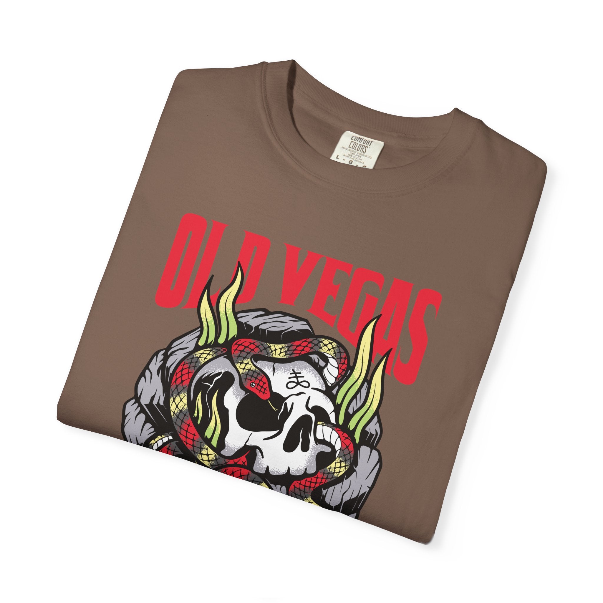 Brown cotton skull and snake graphic tee with red and green snake coiled around skull and old vegas text in red