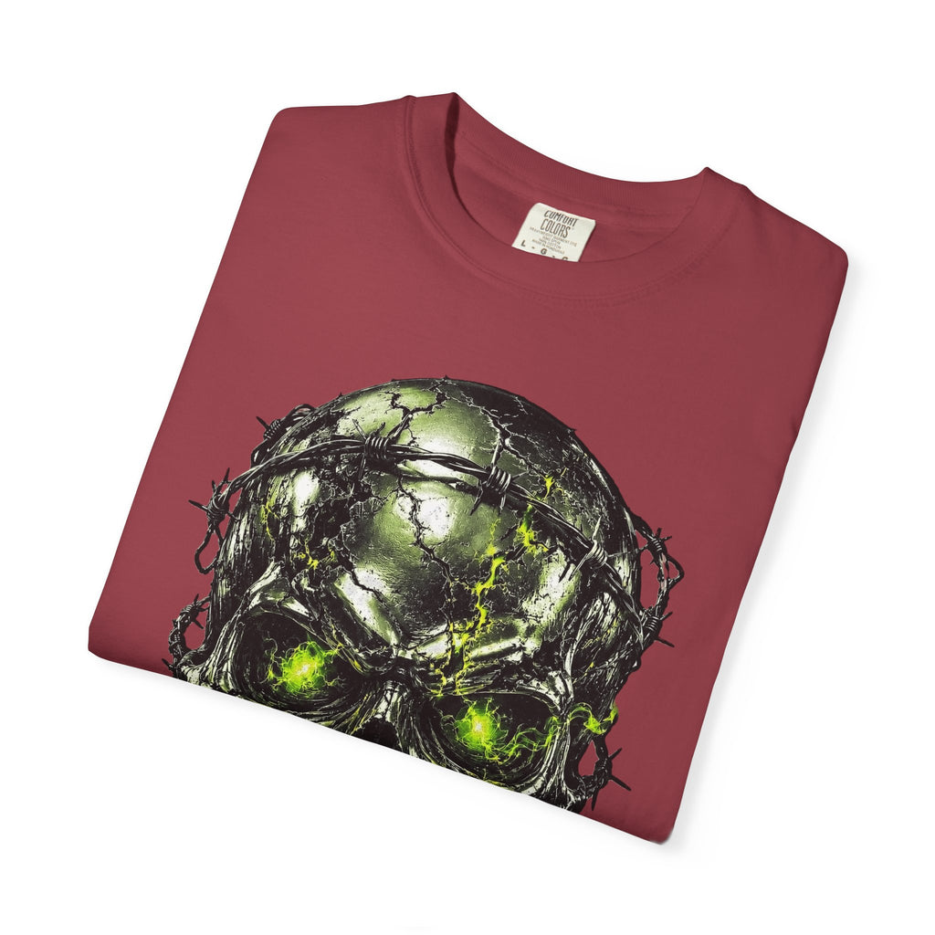 Maroon crewneck t-shirt featuring a chrome survivor skull graphic with barbed wire and glowing green eyes