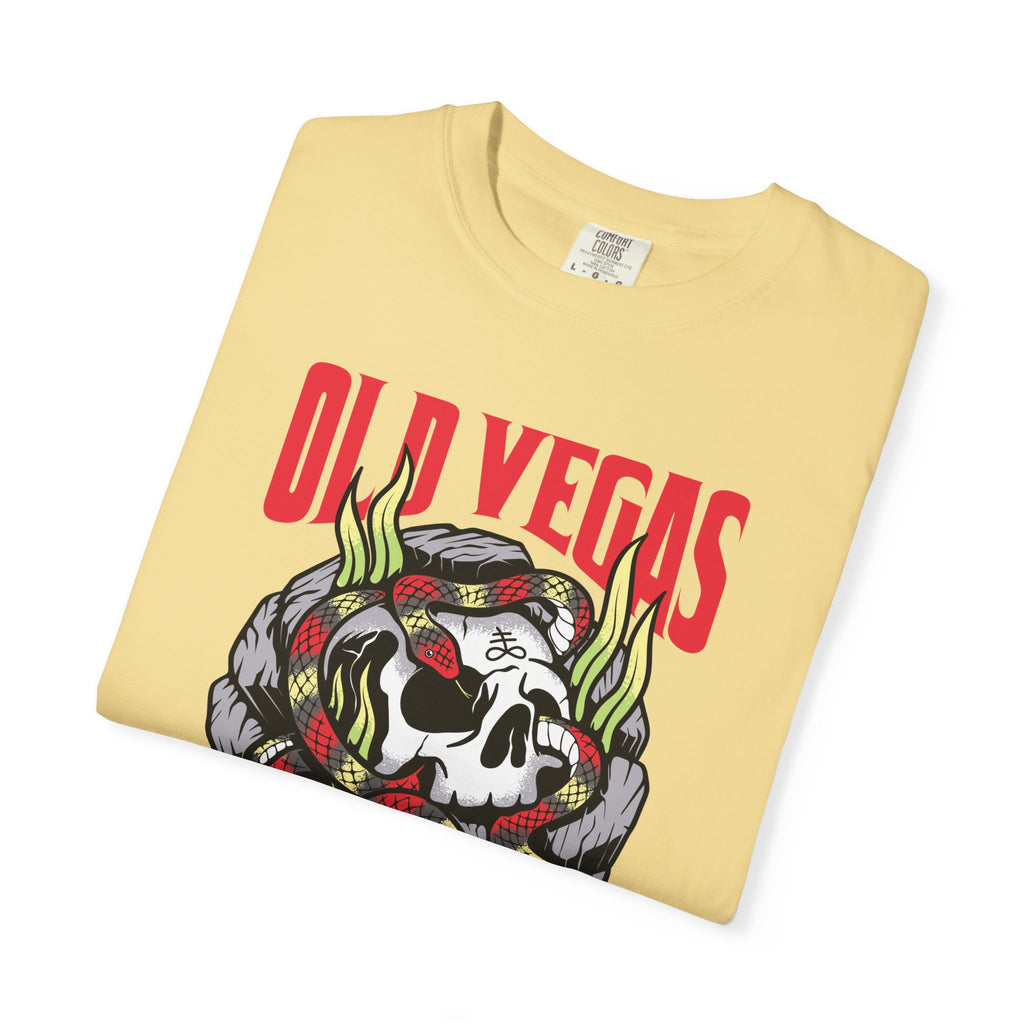 A pale yellow crewneck t-shirt featuring a bold skull and snake graphic with old vegas red lettering skull & snake tee