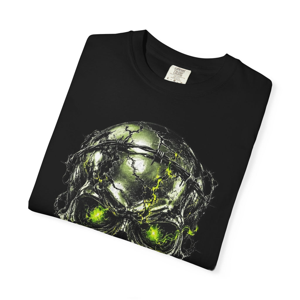 Black crew-neck t-shirt with chrome survivor skull graphic featuring barbed wire and glowing green eyes electric effects