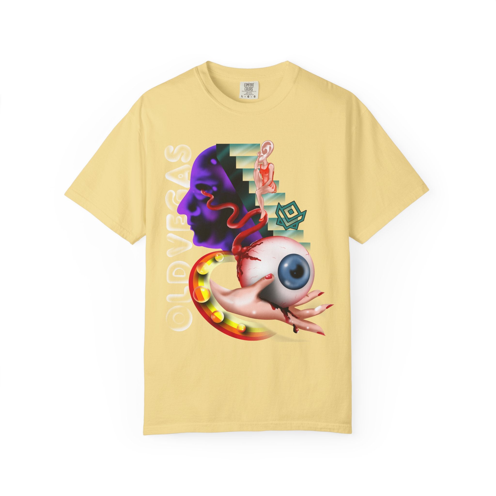 Graphic T‑Shirt - Surreal Eyeball & Snake Art with "OLDVSBAS" Text by Printify