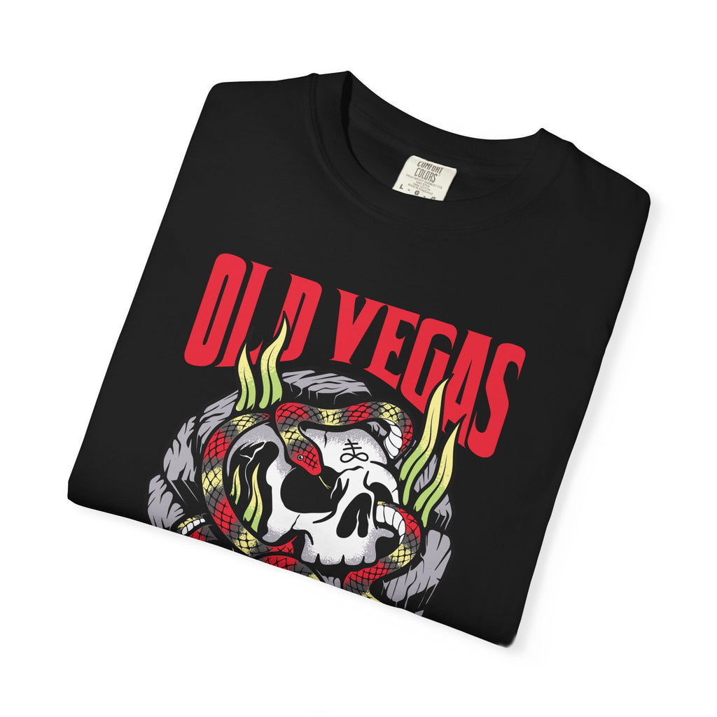 Black cotton skull and snake graphic tee featuring a bold skull entwined with a red and green snake and old vegas text