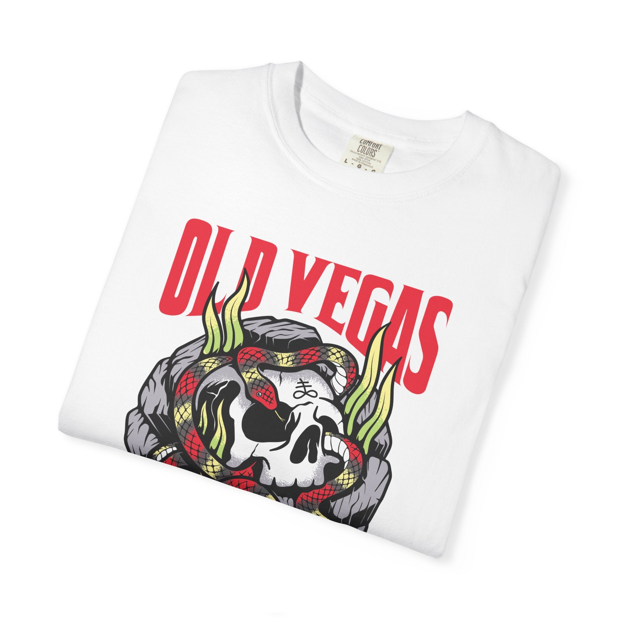 White cotton skull and snake graphic tee with bold skull and red green snake and old vegas text in red lettering