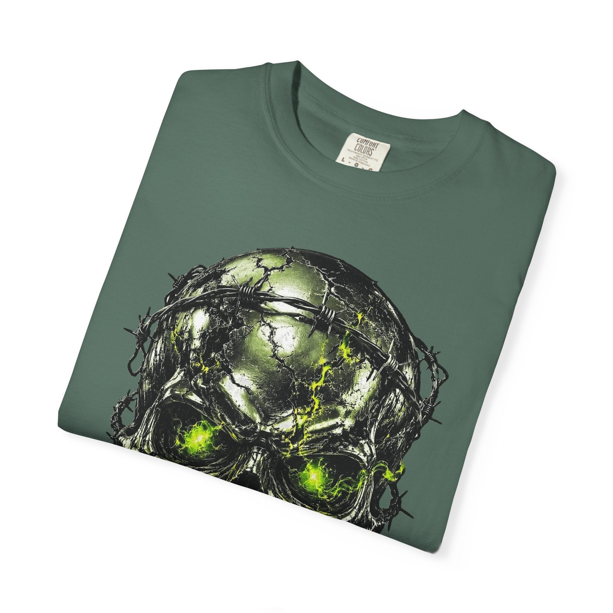 Olive green crewneck t-shirt featuring a chrome survivor skull graphic wrapped in barbed wire with glowing lime green eyes