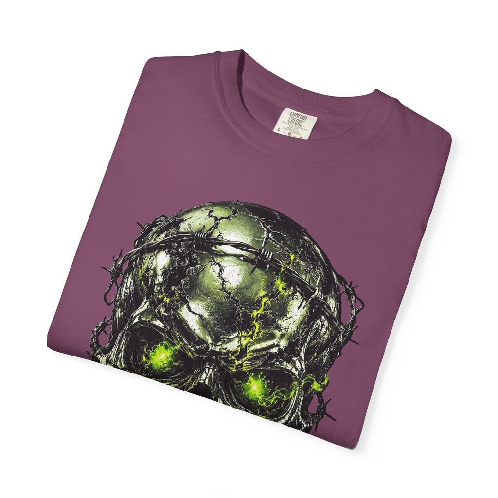 Purple crewneck t-shirt featuring a detailed skull graphic entwined with barbed wire and glowing green eyes chrome survivor skull