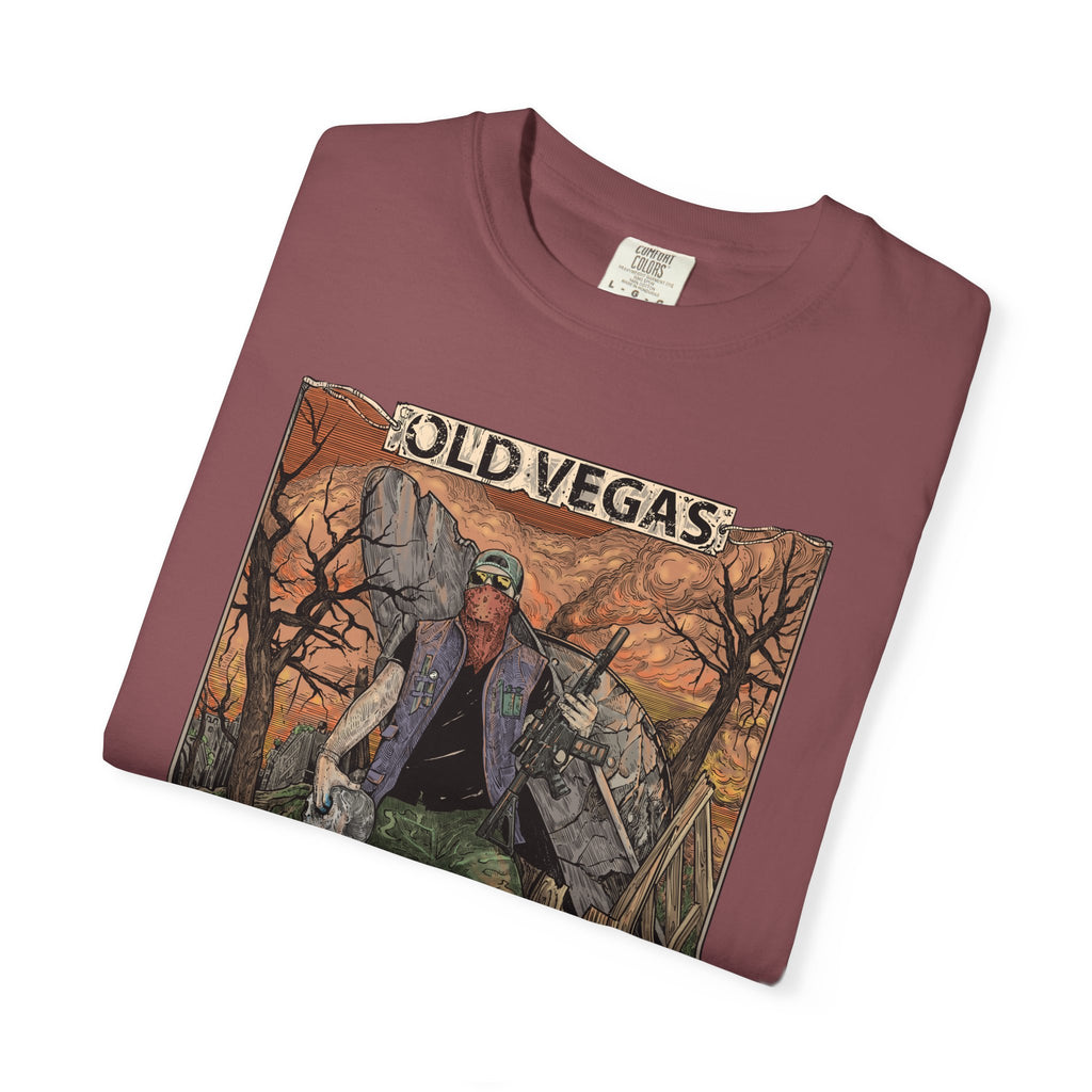 Maroon cotton t-shirt featuring a detailed graphic of a rugged figure in an old vegas-themed scene titled history is the future