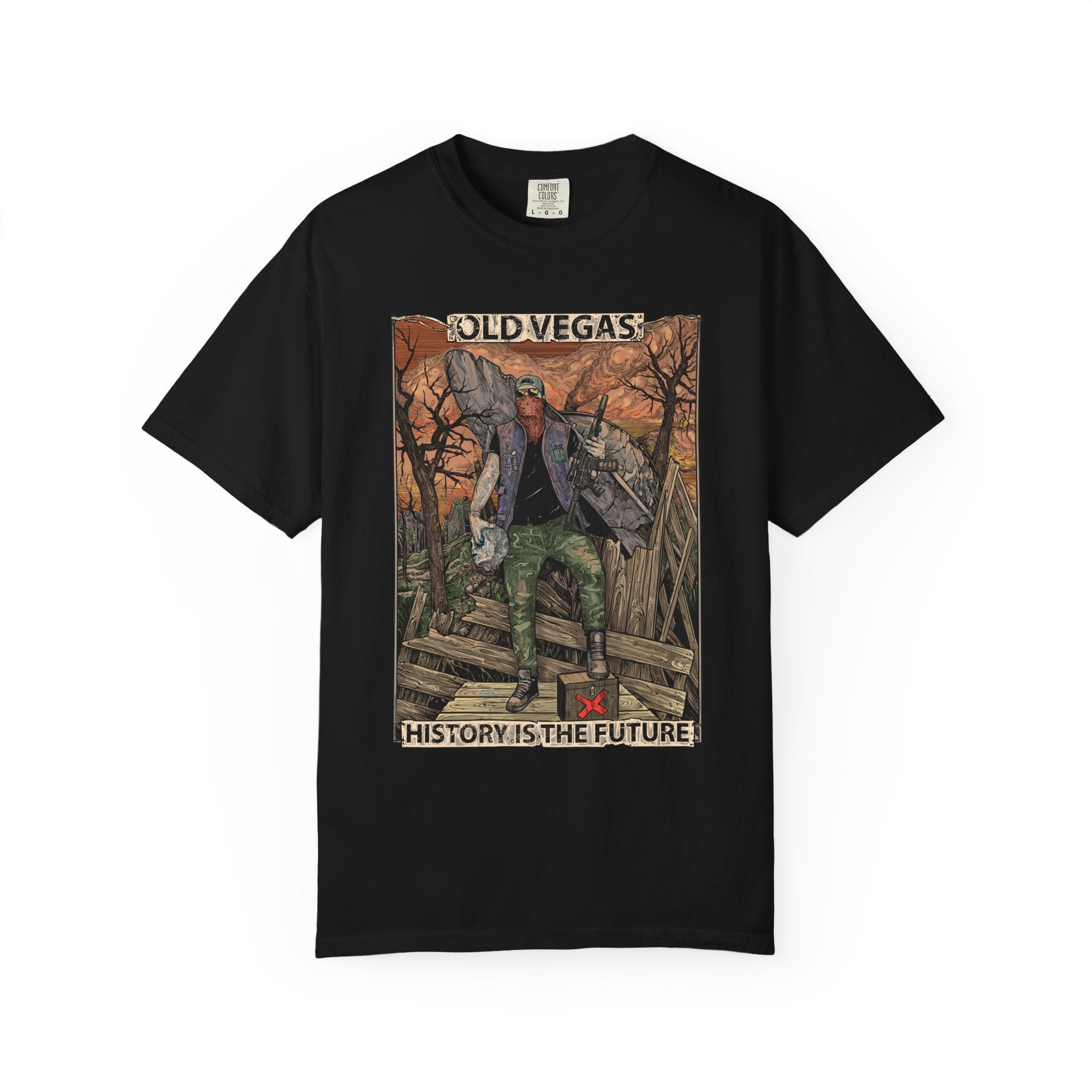 Black cotton t-shirt featuring a vintage graphic of a man in camouflage with old vegas and history is the future text