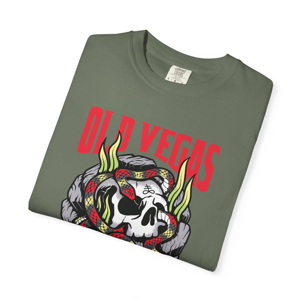 Olive green crewneck t-shirt with a bold skull and red yellow snake graphic and old vegas text on front