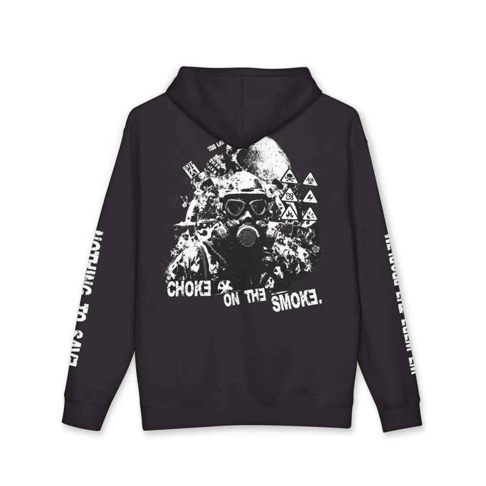 Choke On The Smoke two-sided hoodie with NO ONE IS COMING and gas-mask artwork