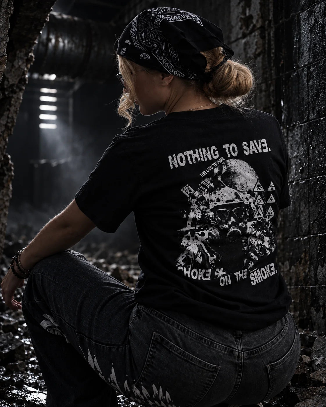 Choke On The Smoke black graphic tee — back worn view, gas-mask artwork and NOTHING TO SAVE print