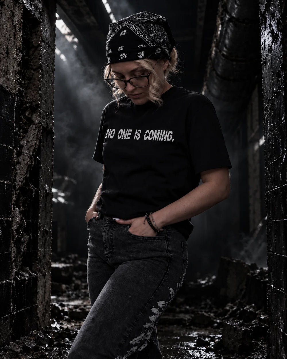 Choke On The Smoke black graphic tee — front worn view, NO ONE IS COMING chest print