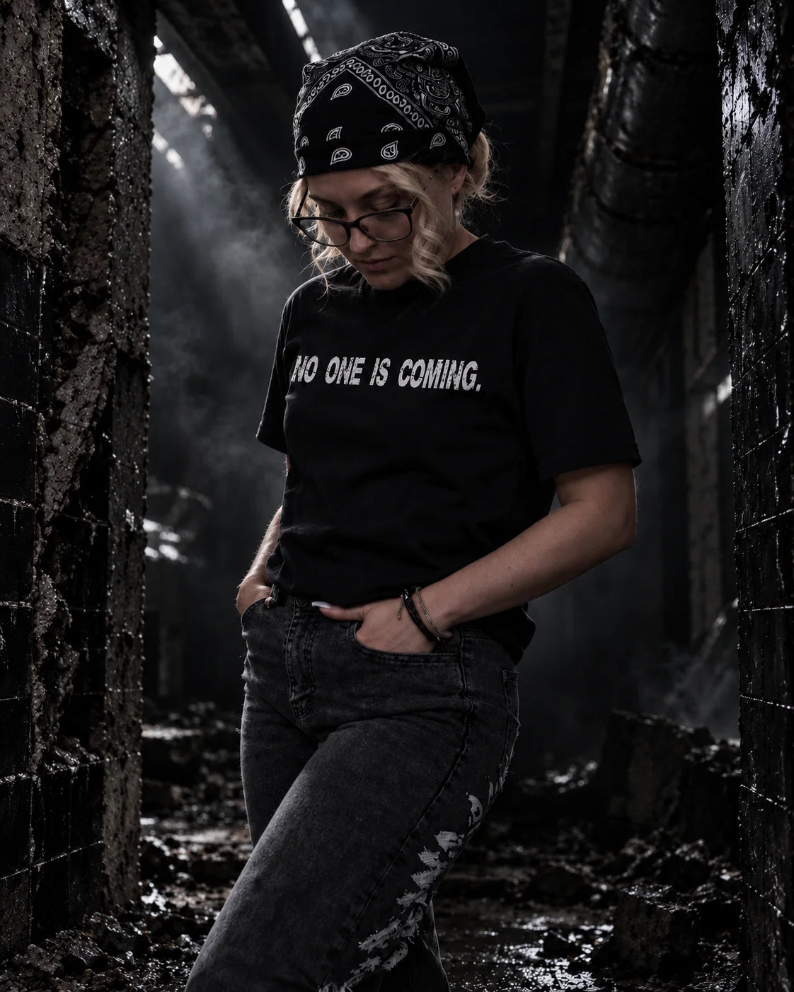 Choke On The Smoke black graphic tee — front worn view, NO ONE IS COMING chest print