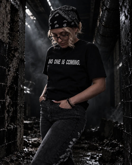 Choke On The Smoke black graphic tee — front worn view, NO ONE IS COMING chest print