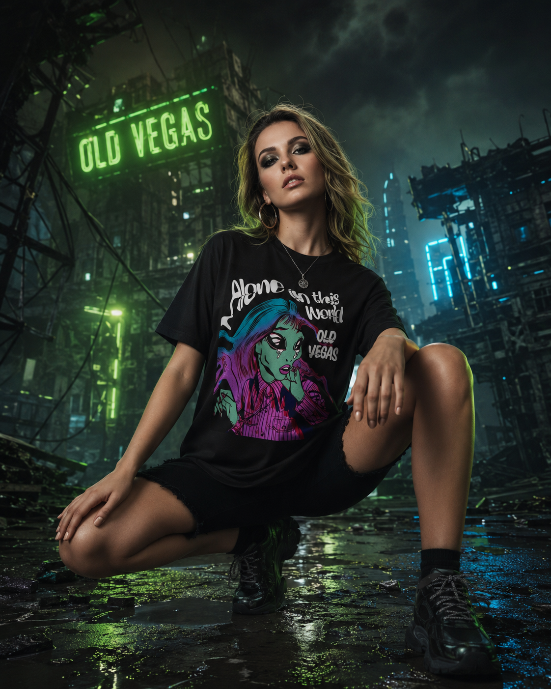 OLD VEGAS Alone In This World black graphic T-shirt featuring colorful illustrated artwork