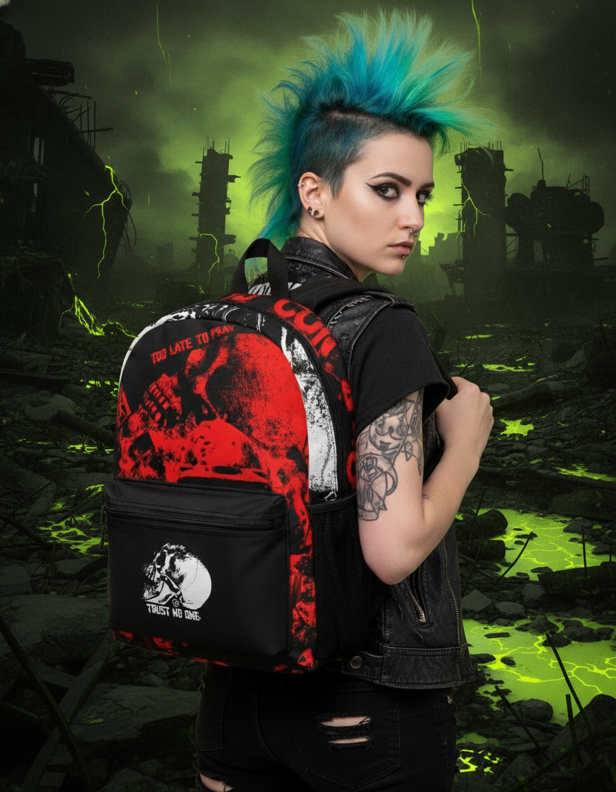 OLD VEGAS Trust No One black backpack with red post-apocalyptic graphic artwork
