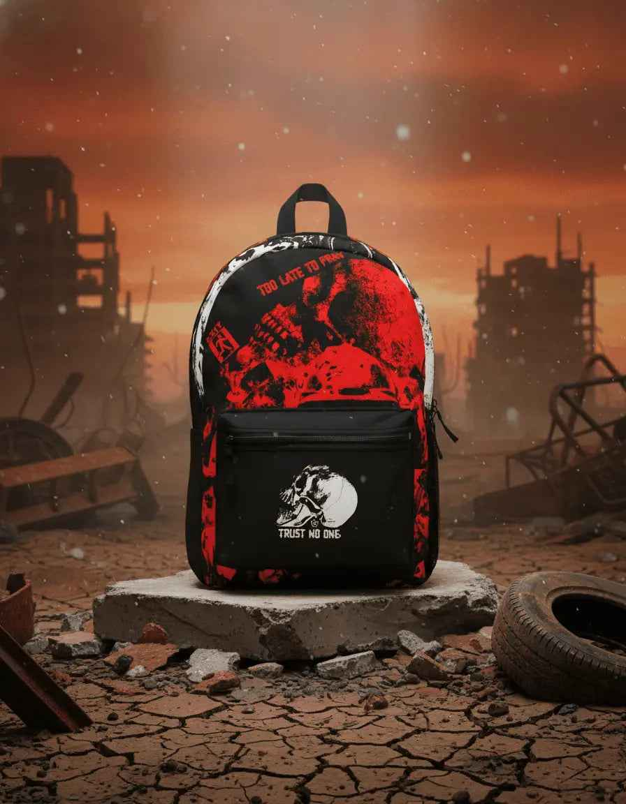 Trust No One weather-resistant backpack lifestyle view