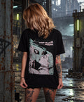 Front view of the OLD VEGAS Alien Kiss black T-shirt, showing the sci-fi kiss graphic and Your lips, my lips, apocalypse slogan.