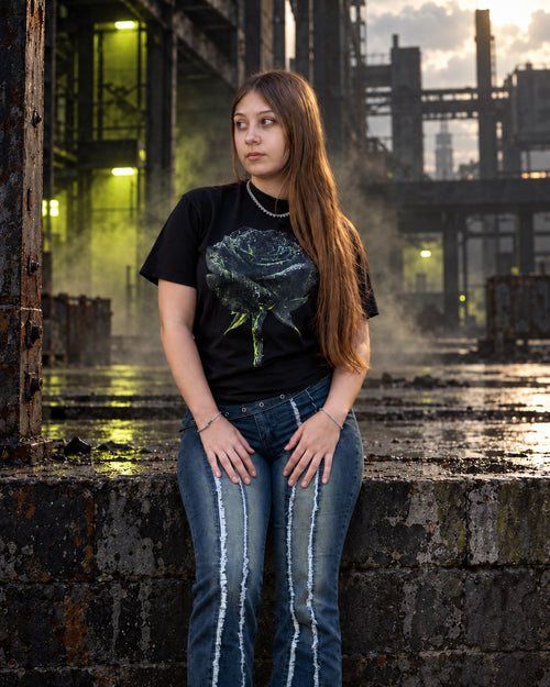 OLD VEGAS Apocalyptic Rose black graphic tee on a model, front view with gray rose and lime-green accents.