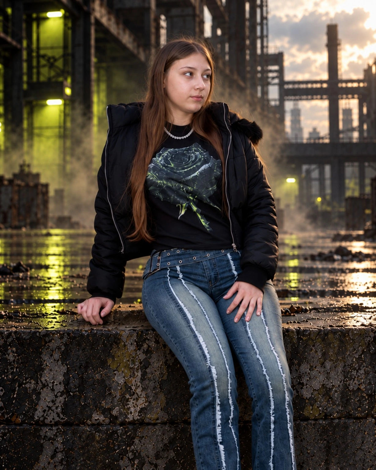 Seated model wearing the OLD VEGAS Apocalyptic Rose black graphic tee, black jacket and blue jeans in an industrial setting.