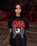 Front view of a model wearing the black OLD VEGAS Dead Eyes tee with red lettering and a white winged eyeball graphic.