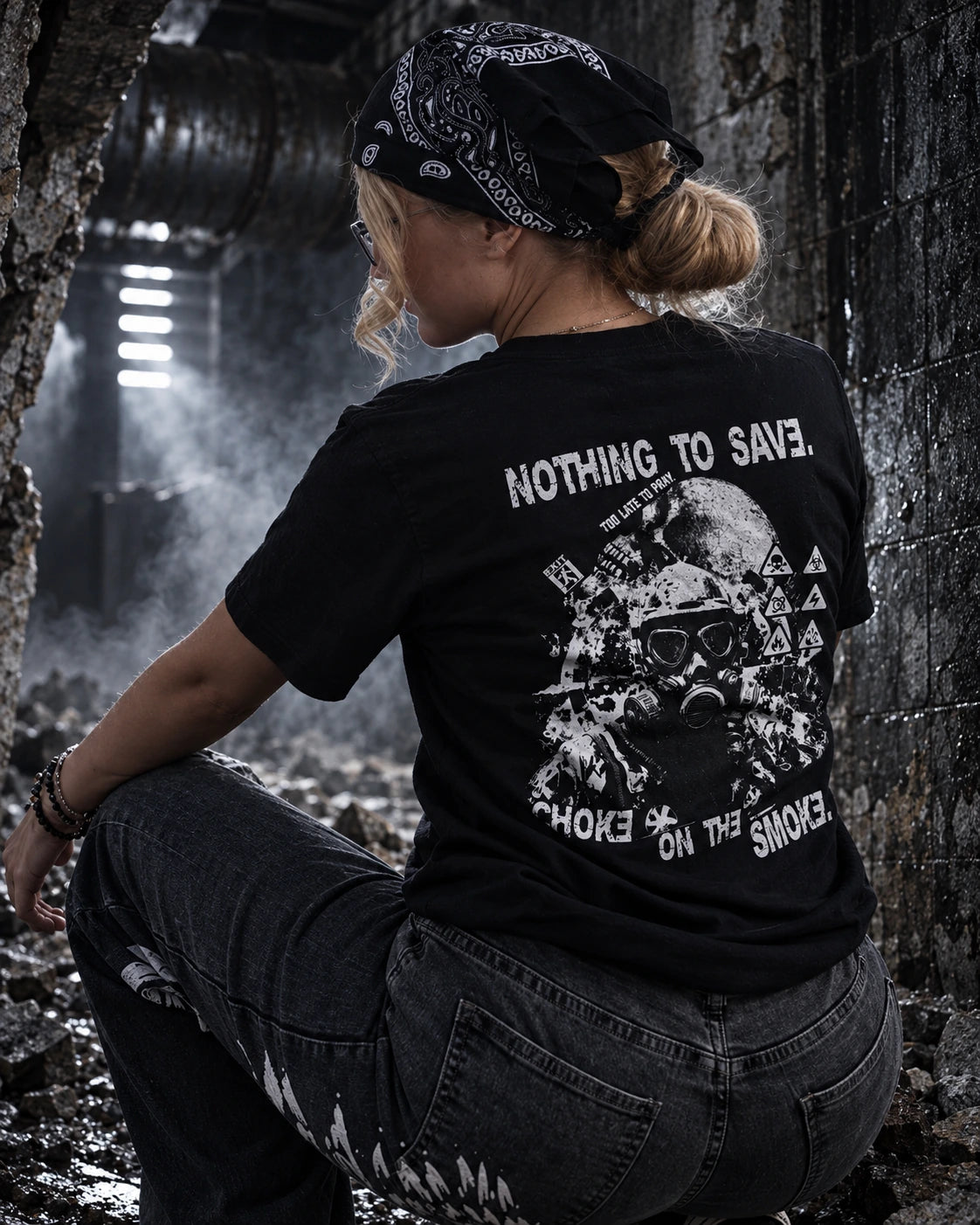 OLD VEGAS Choke On The Smoke black graphic tee worn by model, back artwork NOTHING TO SAVE