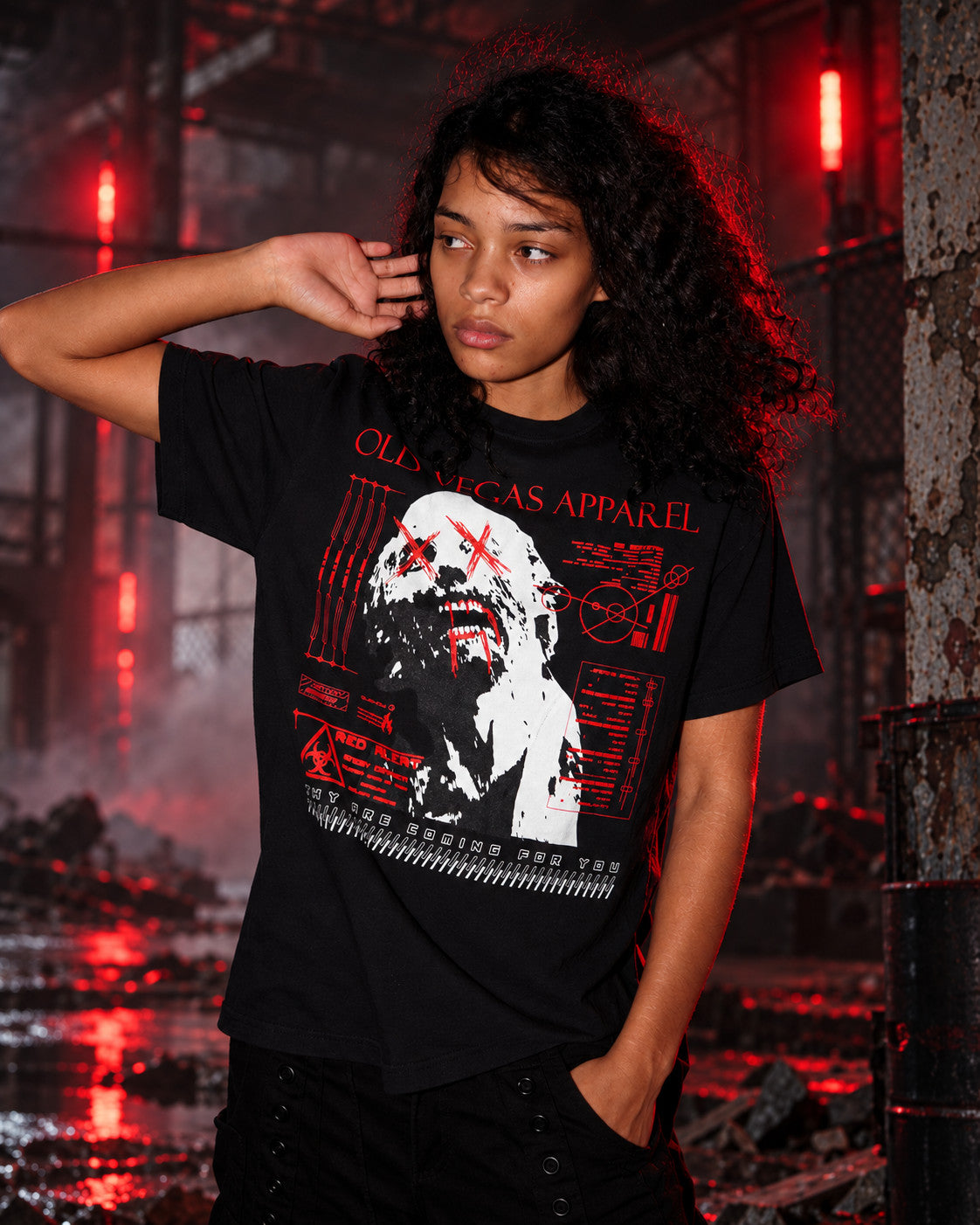OLD VEGAS Zombie Red Alert black graphic tee lifestyle model photo